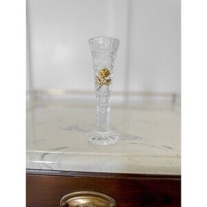 Vintage Crystal Bud Vase with Gold Emblem The Forever Rose 2" x 6” Floral Decor